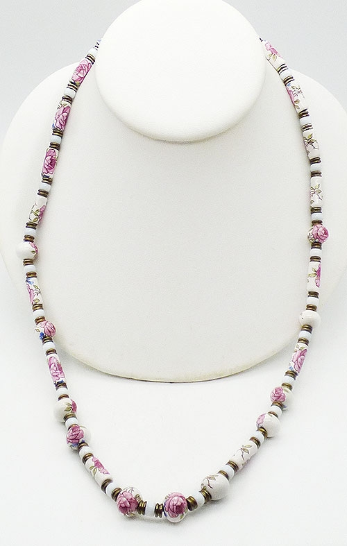 Necklaces - White and Pink Flowers Porcelain Beads Necklace