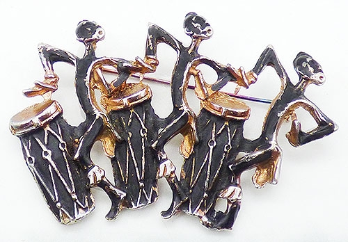 Figural Jewelry - People & Hands - Black Enamel African Drummers Brooch
