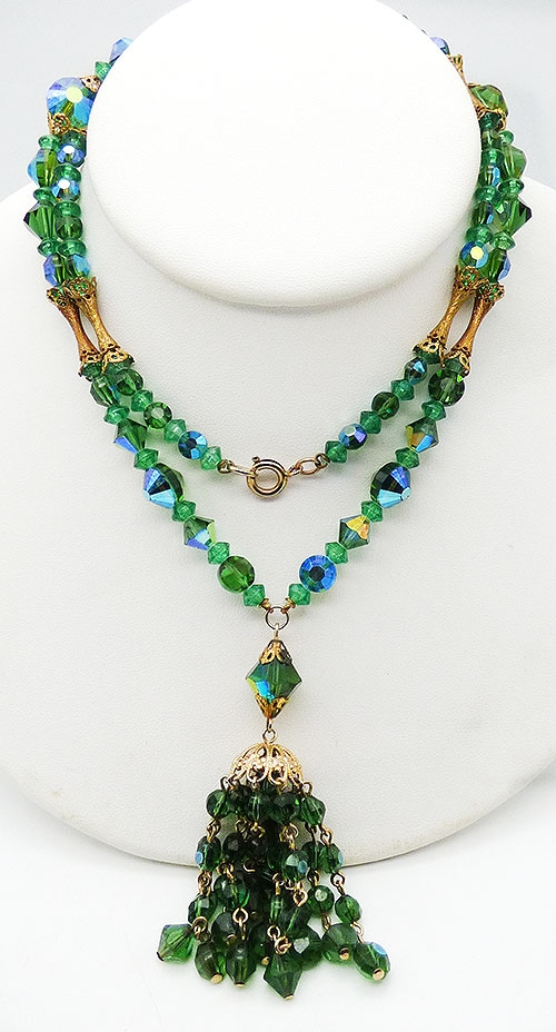 Crystal Bead Jewelry - Green Aurora Crystal Bead Tassel Necklace