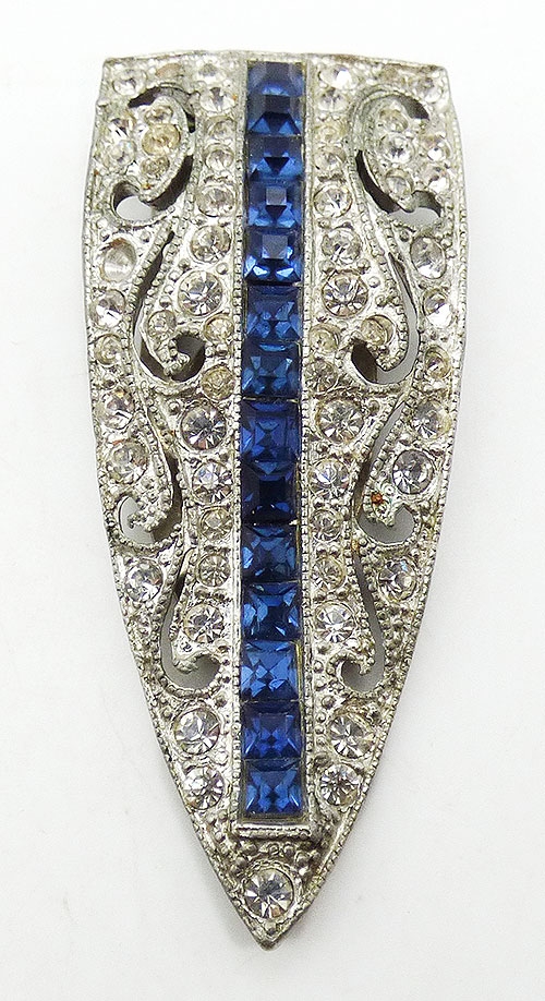 Dress & Fur Clips - Art Deco Sapphire Clear Rhinestone Dress Clip