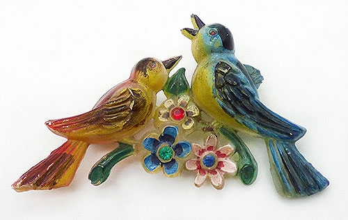 Figural Jewelry - Birds & Fish - Colorful Celluloid Love Birds Brooch