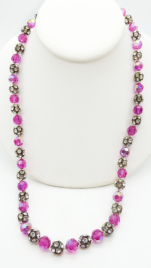 Crystal Bead Jewelry - Fuchsia Crystal and Clear Rhinestone Bead Necklace