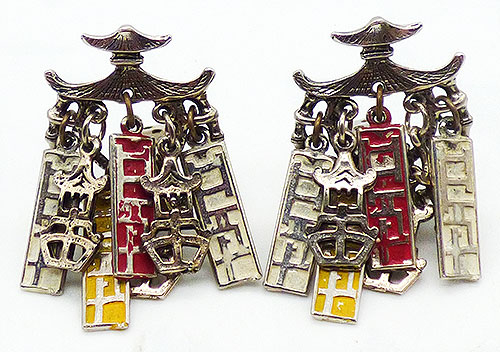 Newly Added Enameled Asian Motif Pagoda Style Earrings