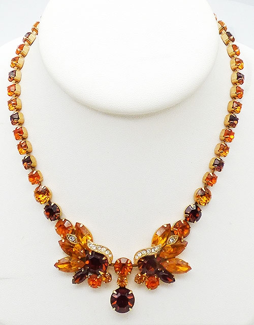 Necklaces - Eisenberg Ice Gold Orange Amber Rhinestone Necklace