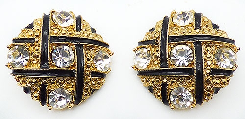 Trend Spring 2022 - Button Earrings - Black and Gold Basketweave Earrings