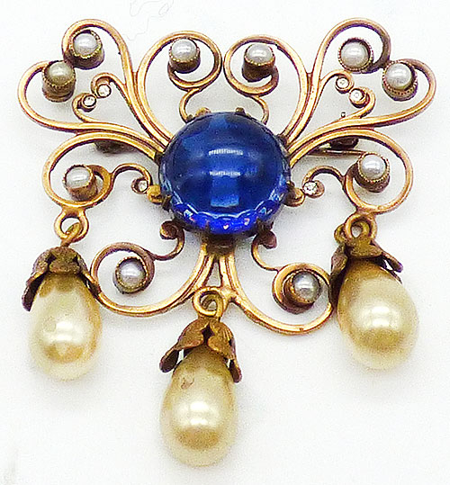 Newly Added Joseff Pearl Drop Blue Cabochon Brooch