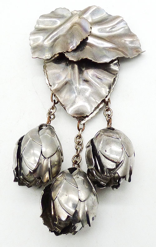 Dress & Fur Clips - Silver Leaves and Dangling Buds Dress Clip