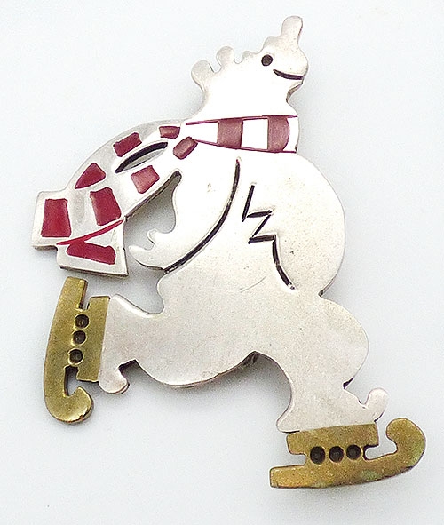 Figural Jewelry - Animals - Mexican Sterling Skating Polar Bead Brooch