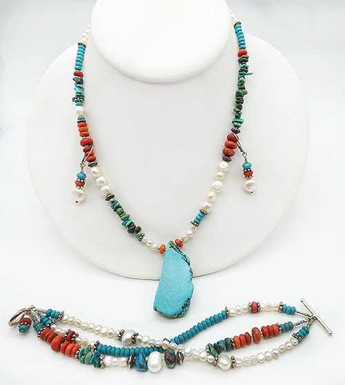 Semi-Precious Gems - Turquoise Coral and Pearls Parure
