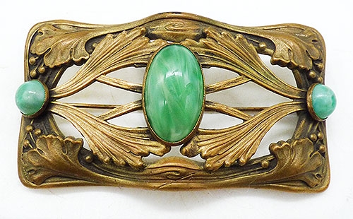Brooches - Art Nouveau Green Cabochon Sash Pin