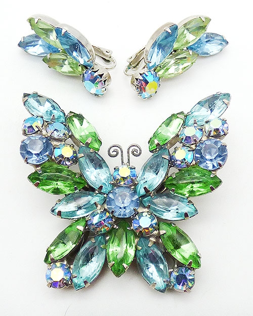 Figural Jewelry - Butterflies & Bugs - Pastel Rhinestone Butterfly Brooch Set