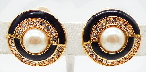 Earrings - Swarovski Black Enamel Rhinestone and Pearl Earrings