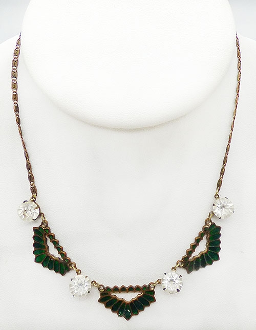 Necklaces - Art Deco Green Enameled Brass Link Necklace