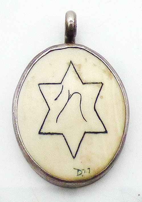 Jewish Jewelry/Judaica - Sterling Scrimshaw Star of David Pendant