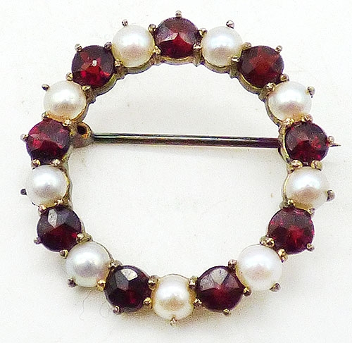 Garnet Jewelry - Rose Cut Garnet and Pearl Circle Brooch