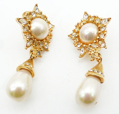 Dior - Christian Dior Rhinestone and Pearl Drop Earrings