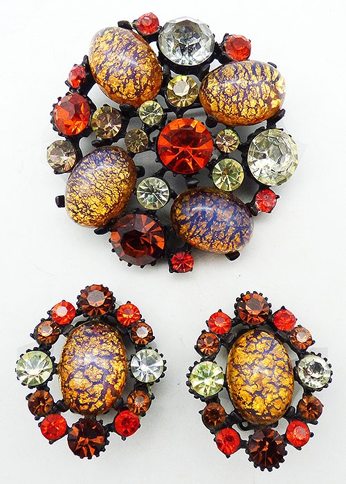 Sets & Parures - Claudette Glass Fire Opal Japanned Brooch Set