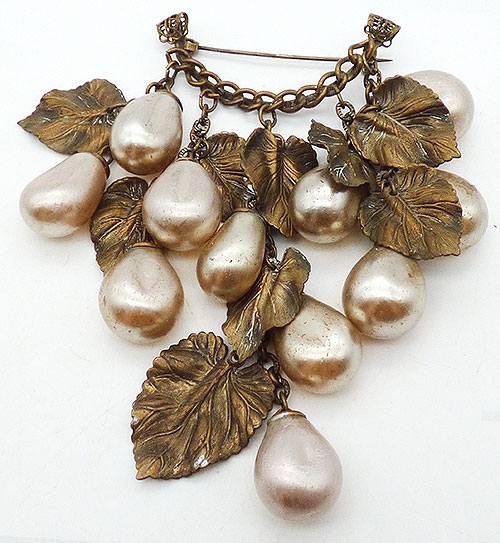 Pearl Jewelry - Dangling Pearls and Brass Leaves Brooch