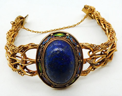 Fine Antique Jewelry - Chinese Export Lapis Cabochon 10K Gold Link Bracelet