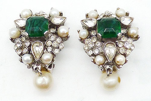 Bridal Wedding Bling - Emerald and Clear Rhinestone Pearl Dangle Earrings