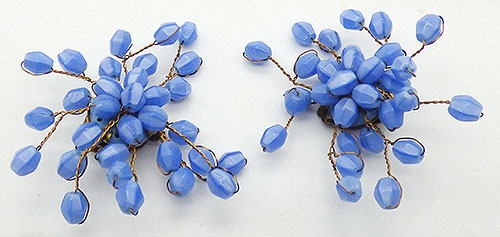 Earrings - West German Blue Bead Spray Earrings