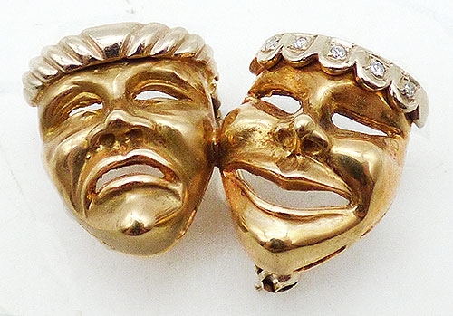 Fine Antique Jewelry - 14K Gold Comedy Tragedy Mask Brooch/Pendant