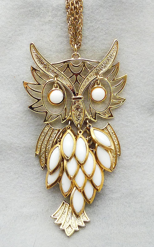 Figural Jewelry - Birds & Fish - Sumthing Special Milk Glass Dangles Owl Necklace