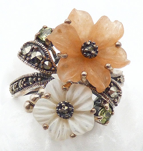 Jade Jewelry - Thai Sterling Jade and MOP Flowers Ring