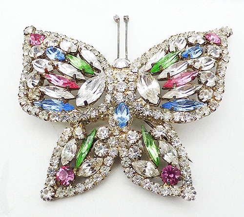 Figural Jewelry - Butterflies & Bugs - Clear and Pastel Rhinestone Butterfly Brooch