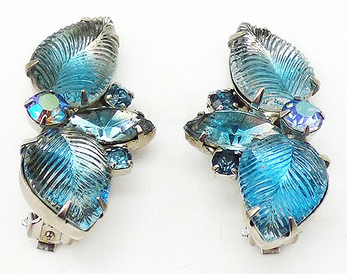 Earrings - Aqua Molded Glass Leaves Earrings