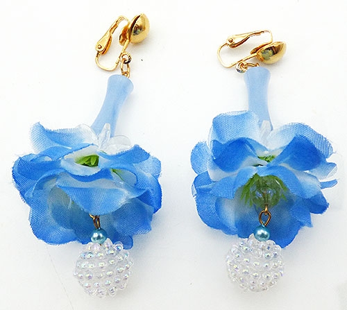 Over-the-Top '80's - Bue Fabric Dangling Flower Earrings