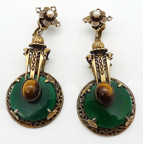 Semi-Precious Gems - Art Deco Egyptian Revival Chrysoprase Earrings