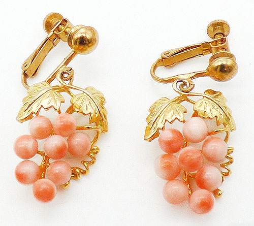 Fruits & Vegetables - Coral grapes 10K Gold Leaves Earrings