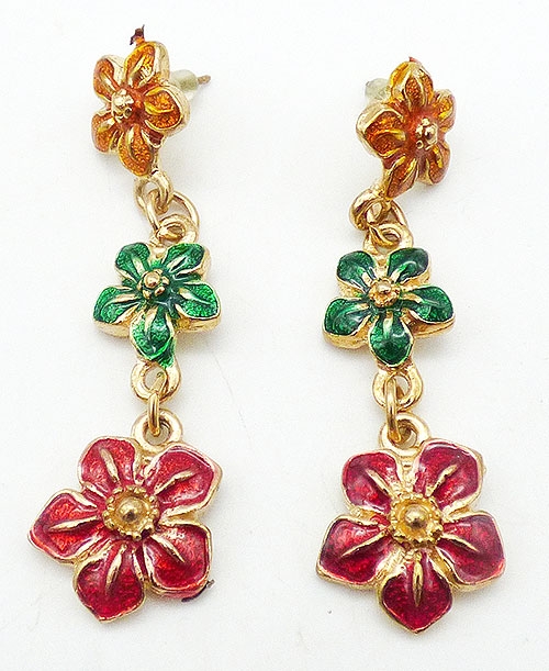 Christmas and Holidays - Enameled Christas Flowers Dangle Earrings