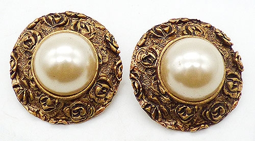 Pearl Jewelry - Embossed Roses Faux Pearl Earrings