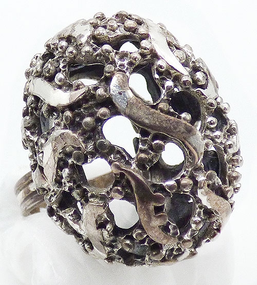 Rings - Domed Silver Metal Flames Statement Ring
