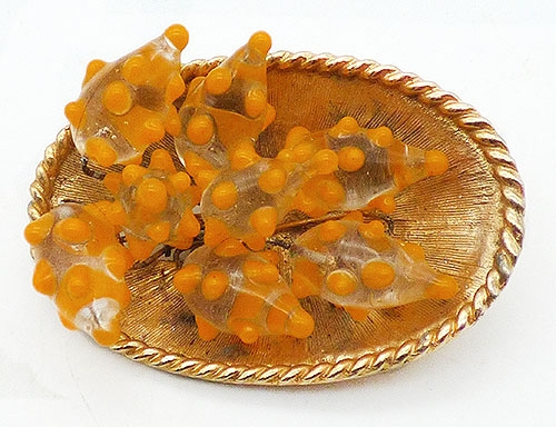 Brooches - Yellow Art Glass Gold Tone Oval Brooch