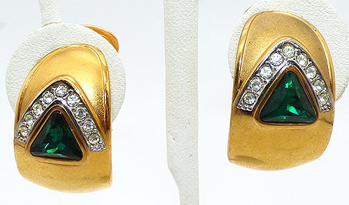 Misc. Signed G-L - Lanvin Gold Hoop Emerald Crystal Earrings