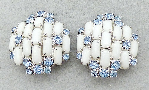 Earrings - Milk Glass Baguette Blue Rhinestone Earrings