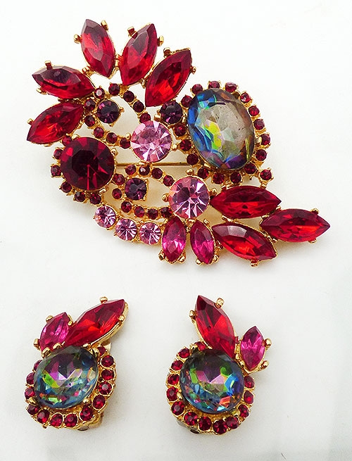 Sets & Parures - Watermelon and Red Rhinestone Brooch Set