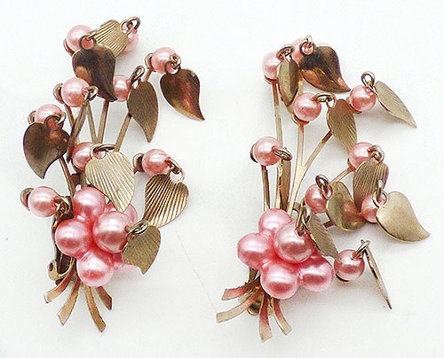 Semi-Precious Gems - Pink Faux Pearl Flower and Leaves Ear Climbers