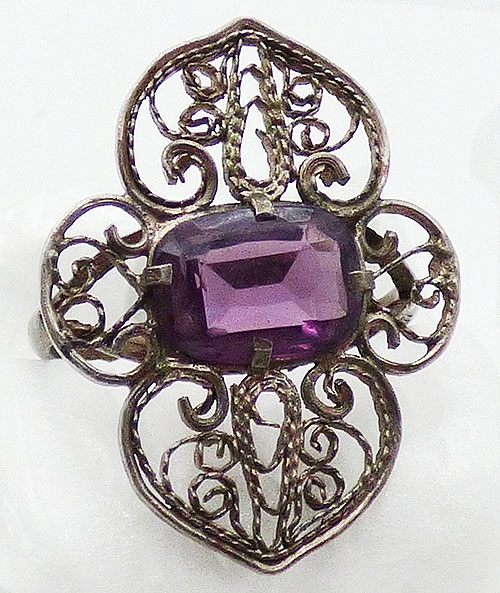 Newly Added Sterling Silver Filigree Amethyst Glass Ring