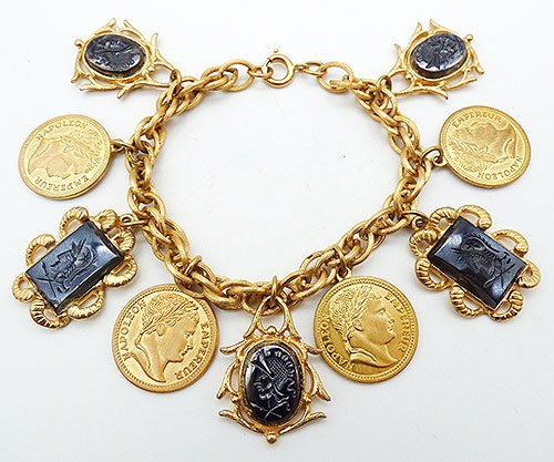 Bracelets - Black Glass Cameo and Gold Coin Charm Bracelet