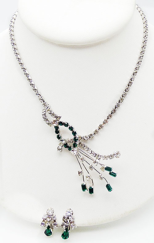 Newly Added Clear Rhinestone Emerald Baguette Spray Necklace Set