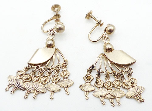 Figural Jewelry - People & Hands - Dangling Gold Tone Ballerinas Earrings