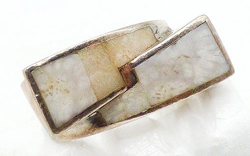 Sterling Silver - Amin 950 Silver White Inlay Bypass Ring
