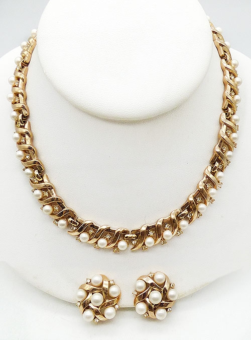 Trifari - Trifari Faux Pearl Gold Plated Necklace Set