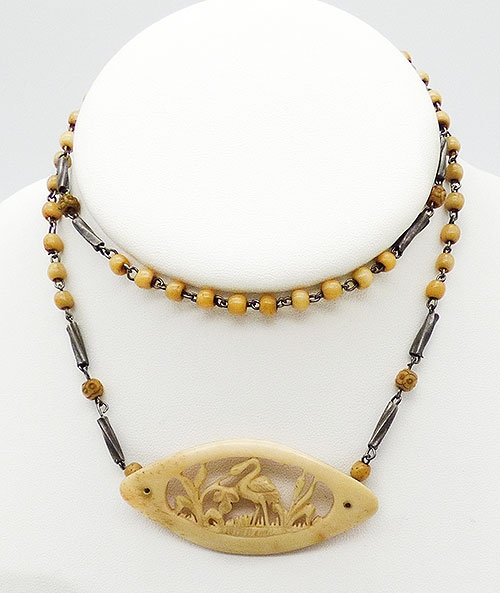 Bone and Horn - Chinese Export Carved Bone Crane Necklace