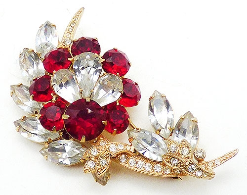 Florals - Eisenberg Ice Red and Clear Rhinestone Flower Brooch