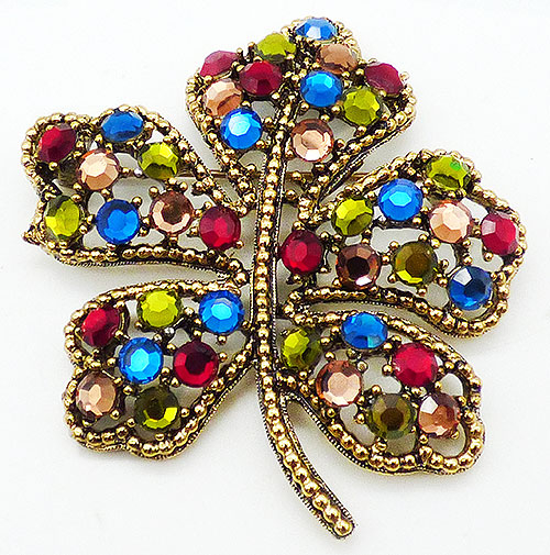 Newly Added Weiss Multi-Rhinestone Leaf Brooch